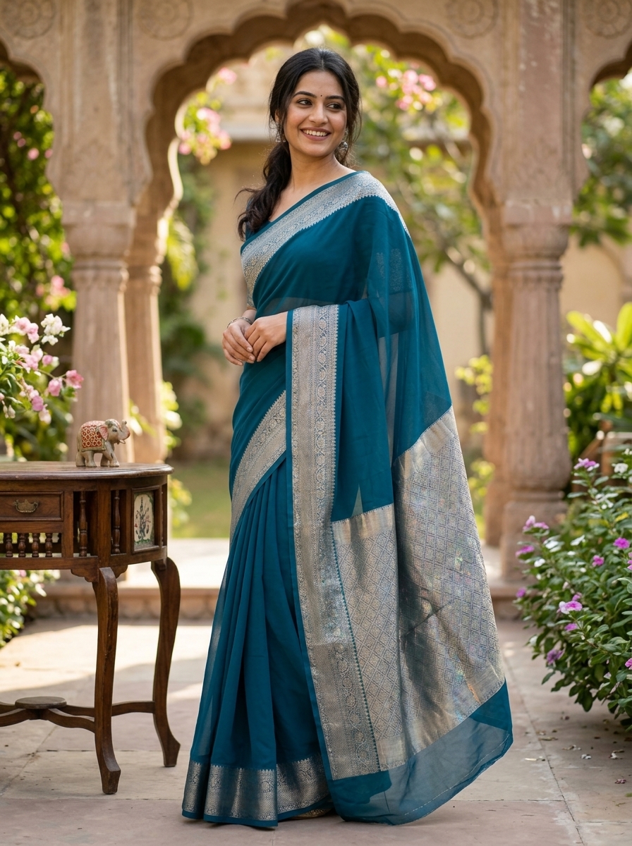 Peacock Blue Pure Khadi Georgette Saree with Silver Contrast Border